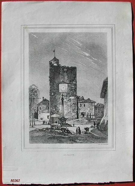 ALZATE (Como). Animata veduta del borgo. Litografia, 1861