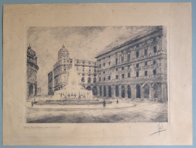 GENOVA. Grande incisione su rame, raffigurante piazza Dà¨ Ferrari e il palazzo della Società  Italia.