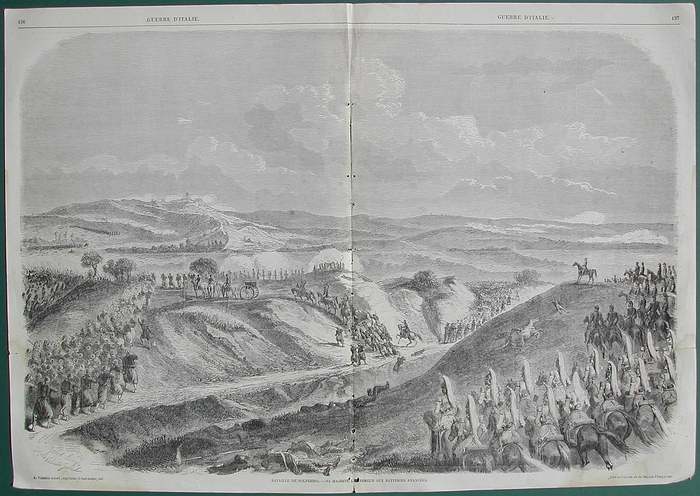 LOMBARDIA - SOLFERINO. Grande veduta generale in foglio doppio. Incisione tratta da Guerre d'Italie, anno 1859