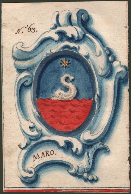 MARO di REGGIO. Splendido acquarello settecentesco raffigurante lo stemma della famiglia.