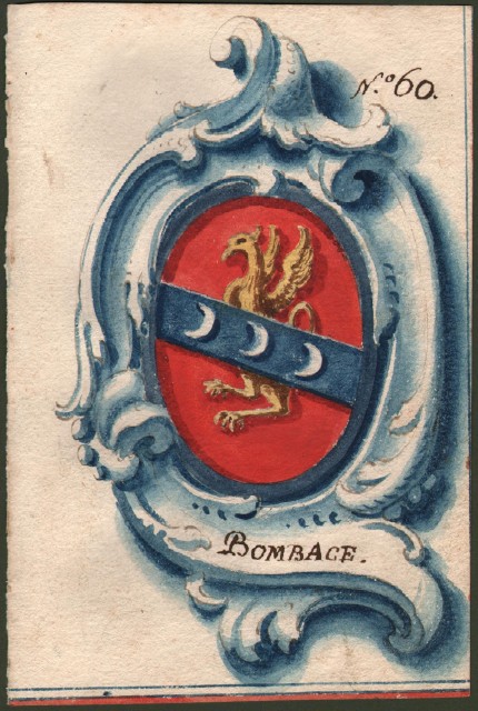 BOMBACE di REGGIO. Splendido acquarello settecentesco raffigurante lo stemma della famiglia.