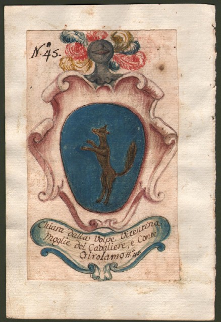 DALLA VOLPE di VICENZA. Splendido acquarello settecentesco raffigurante lo stemma della famiglia con cartiglio recante la scritta 'Chiara Dalla Volpe Vicentina Moglie del Cavaliere e Conte Girolamo'.