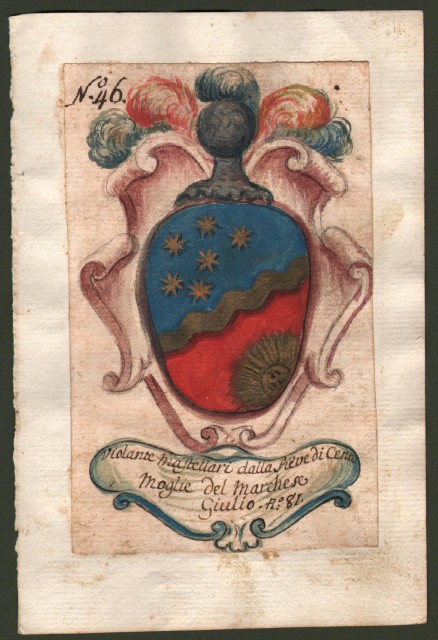 MASTELLARI di PIEVE DI CENTO, Bologna. Splendido acquarello settecentesco raffigurante lo stemma della famiglia con cartiglio recante la scritta 'Violante Mastellari dalla Pieve di Cento Moglie del marchese Giulio'.
