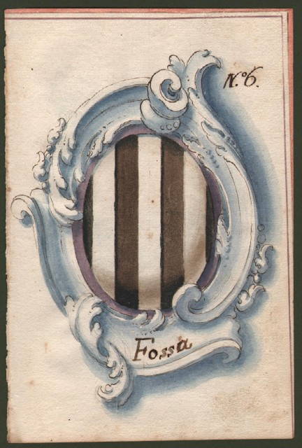FOSSA (o Dalla Fossa) di REGGIO. Splendido acquarello settecentesco raffigurante lo stemma della famiglia. Foglio in carta forte di mm 138x208.