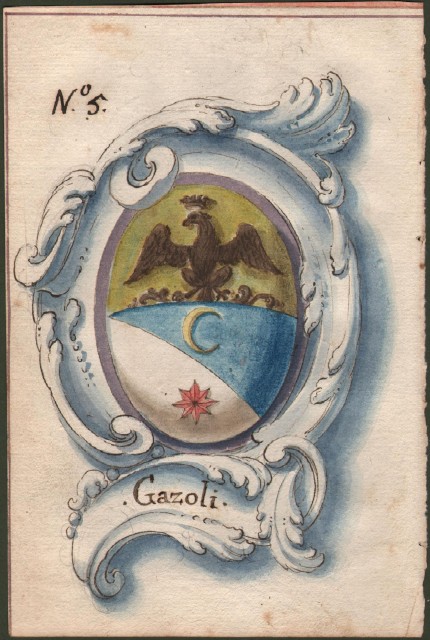 GAZOLI (o Gazola) di REGGIO. Splendido acquarello settecentesco raffigurante lo stemma della famiglia. Foglio in carta forte di mm 138x208.