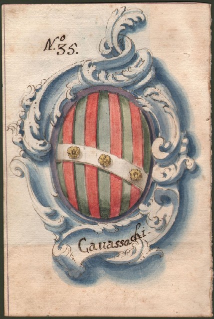CAVASSACHI (o Cavasacchi) di REGGIO. Splendido acquarello settecentesco raffigurante lo stemma della famiglia.