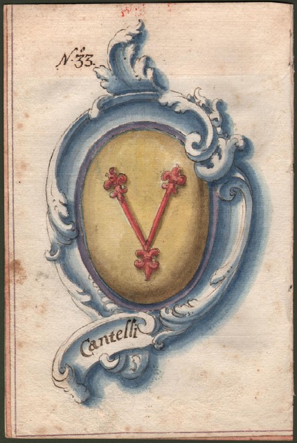 CANTELLI di PARMA. Splendido acquarello settecentesco raffigurante lo stemma della famiglia.