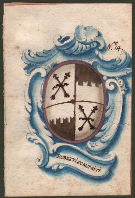 ROBERTI SCALTRITI di REGGIO. Splendido acquarello settecentesco raffigurante lo stemma della famiglia.