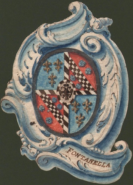 FONTANELLA di REGGIO, così ridotto l'anno 1736. Splendido acquarello settecentesco raffigurante lo stemma della famiglia.
