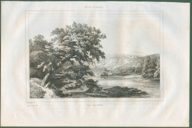 LAGO DI NEMI (Roma). Veduta panoramica.  Da Italie Pittoresque anno 1836