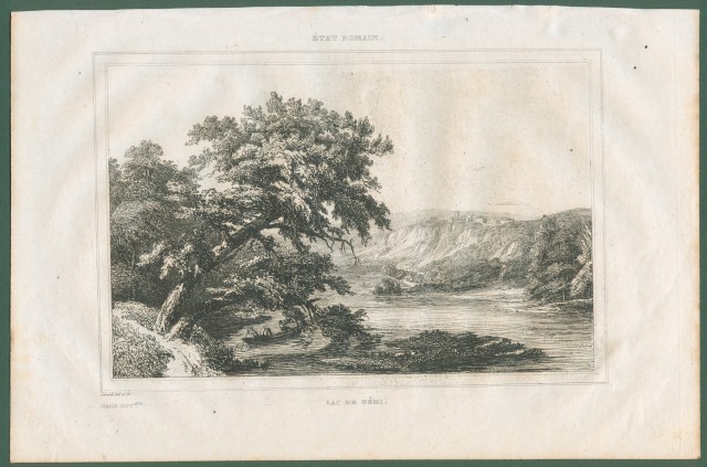 LAGO DI NEMI (Roma). Veduta panoramica.  Da Italie Pittoresque anno 1836
