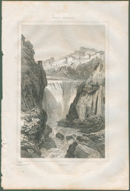 TIVOLI (Roma). Veduta con cascata.  Da Italie Pittoresque anno 1836.