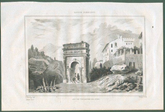 SUSA. Veduta dell'Arco e di altri edifici. Da Italie Pittoresque anno 1836