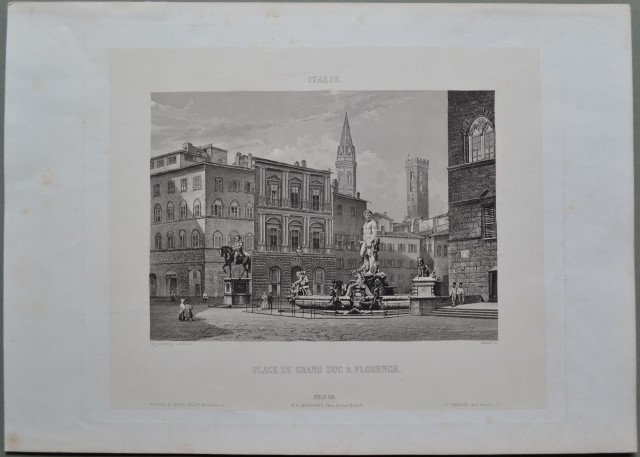 Toscana. FIRENZE. PLACE DU GRAND DUC A FLORENCE. Finissima incisione all'acquatinta su velina applicata su carta forte tratta da un dagherrotipo.